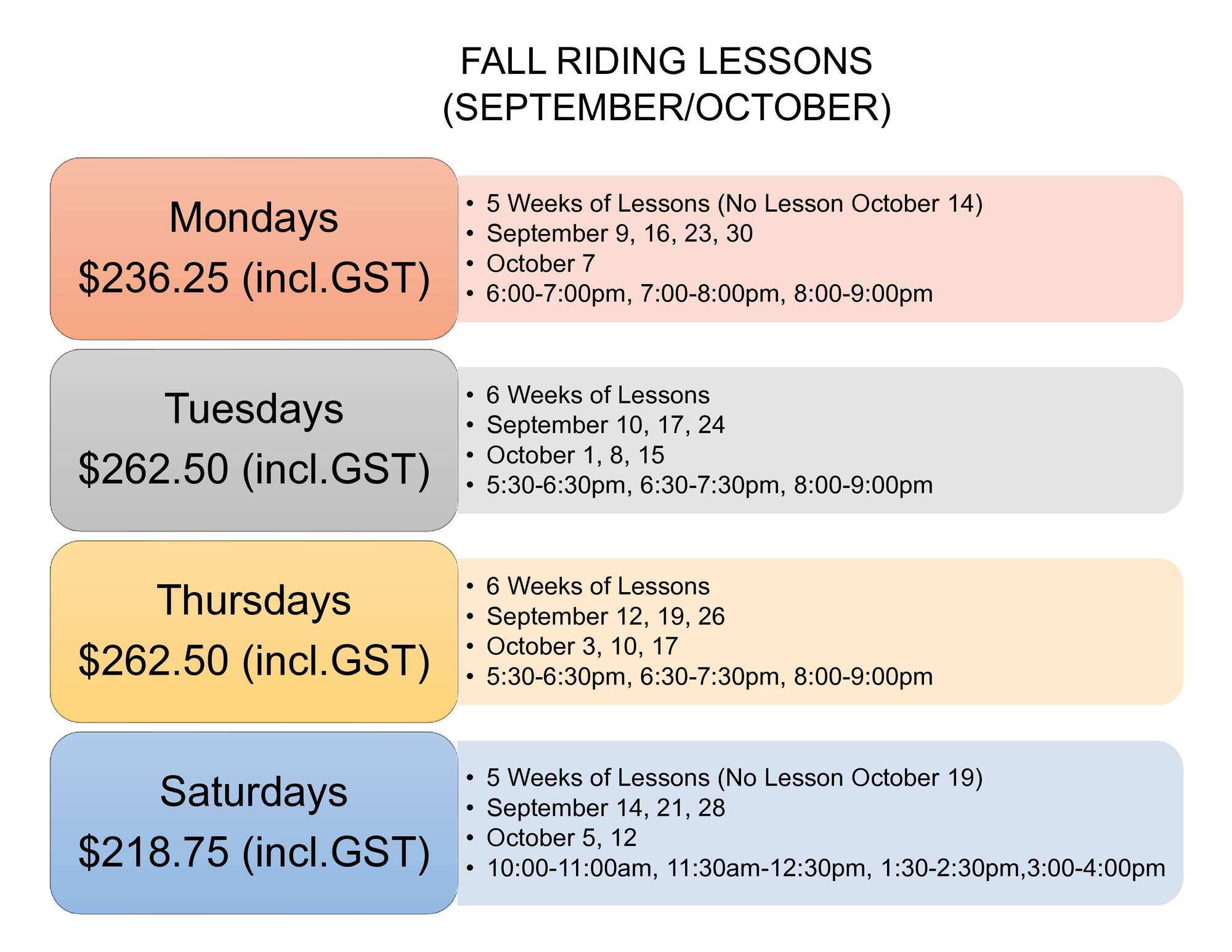 Fall RIding Lesson Times and Dates 2024