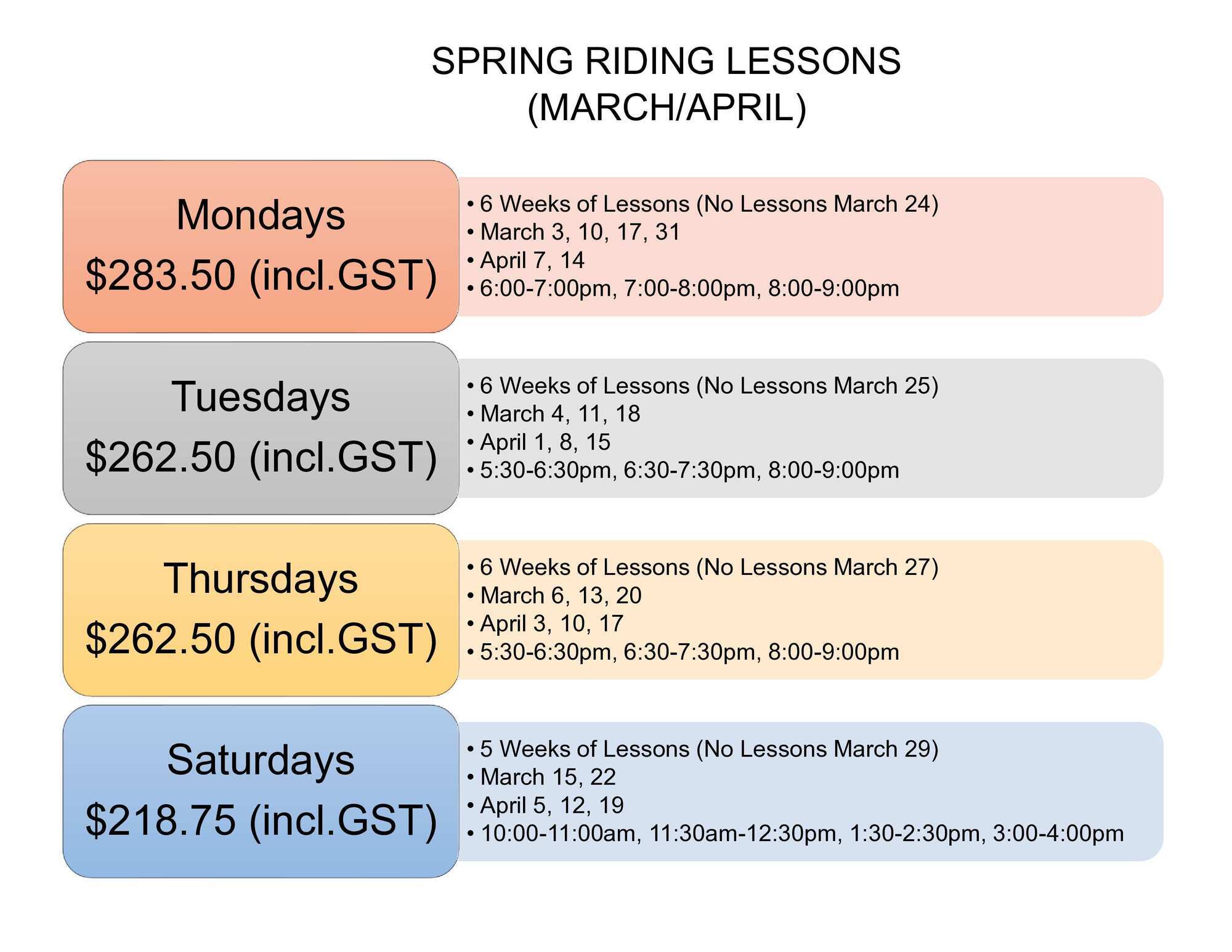 Spring RIding Lesson Times and Dates 2025