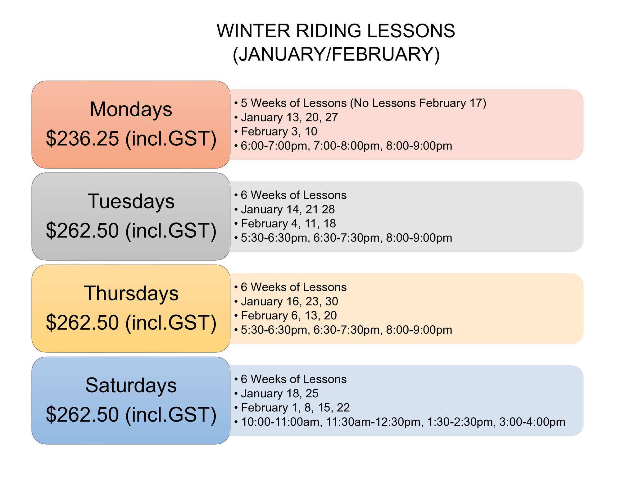 Winter RIding Lesson Times and Dates 2025