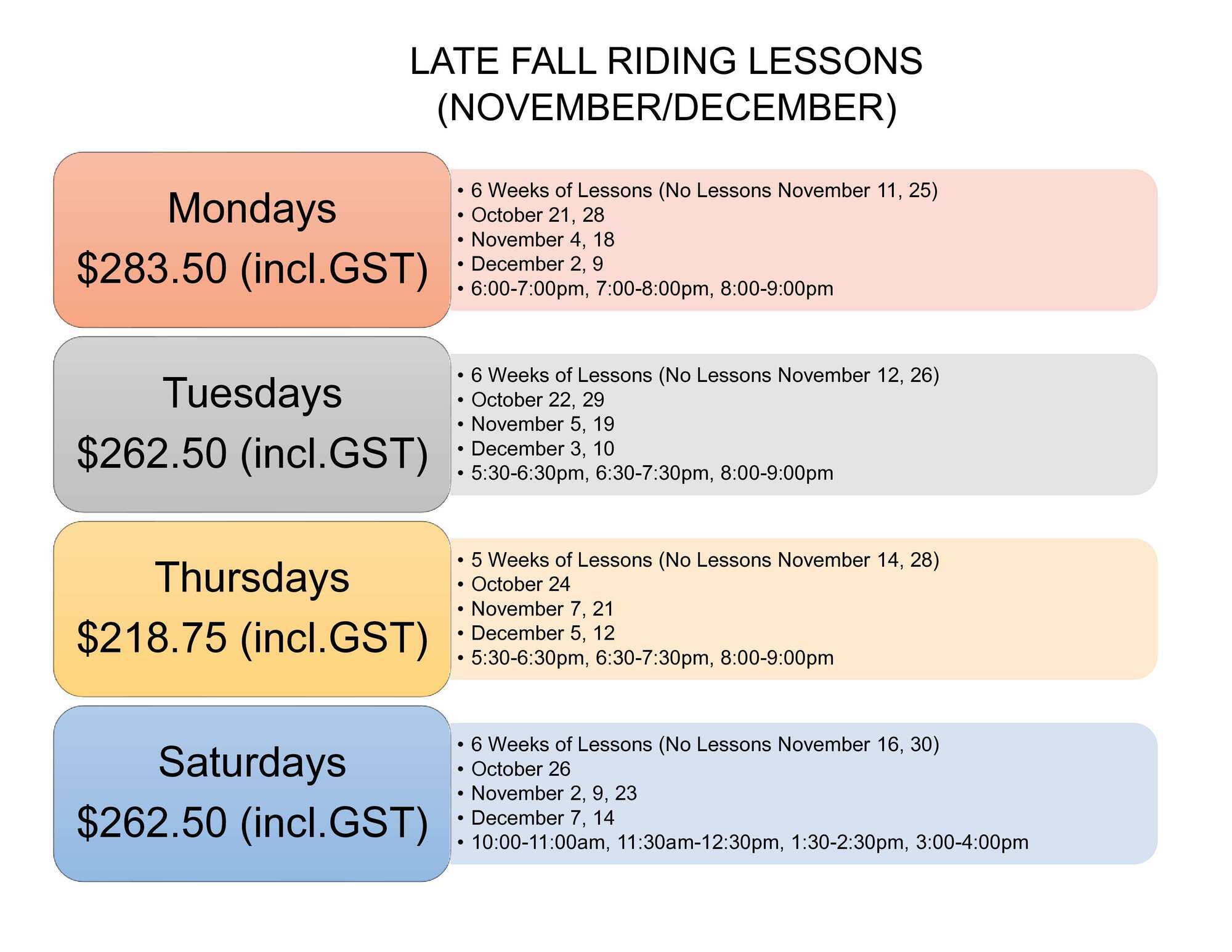Late Fall Riding Lesson Times and Dates 2024